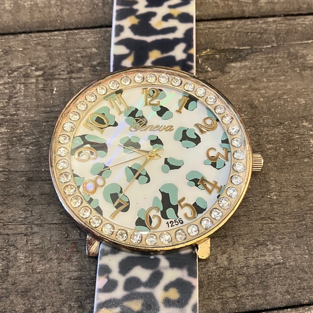 Geneva Animal Print Watch with Gold and Rhinestones